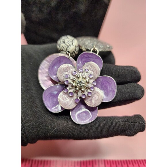 VINTAGE 90'S PURPLE NY ENAMEL FLOWER NECKLACE RHINESTONE SILVER TONE MIXED MEDIA - Picture 6 of 8